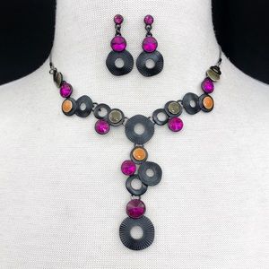 Black Metal Pink Gem Y-Drop Necklace Earrings Set